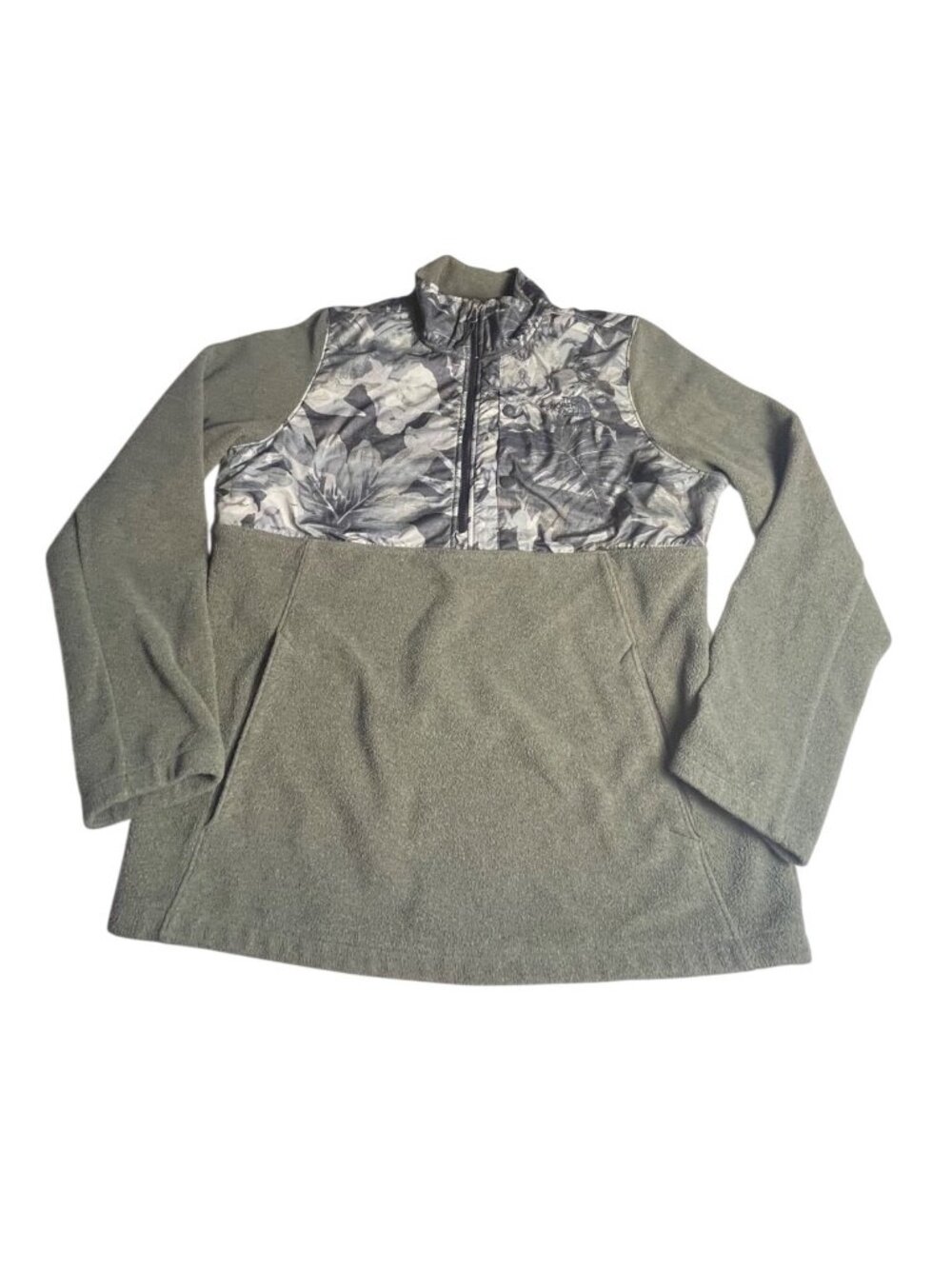 The North Face TKA Glacier women’s L 1/4 Zip green Fleece W/Gray Floral Overlay